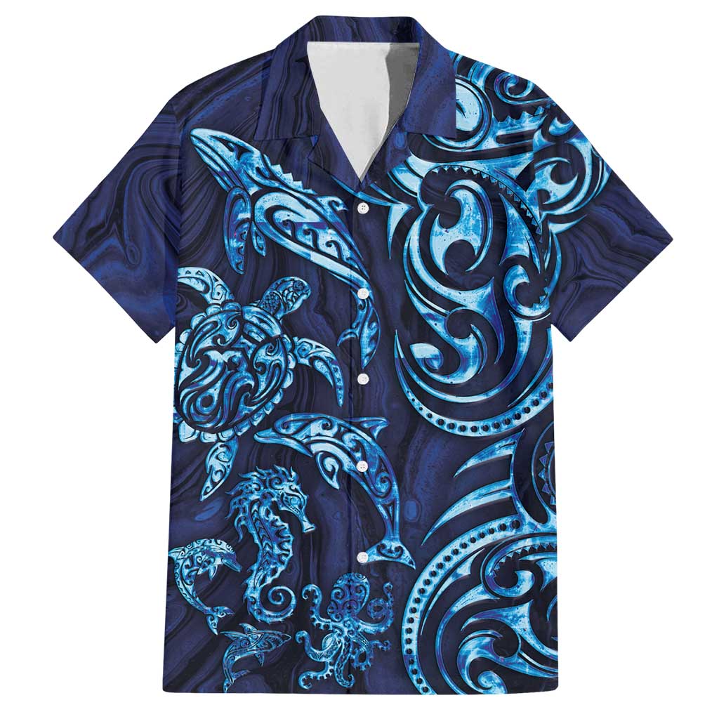 New Zealand Connecting with Seas Family Matching Off Shoulder Maxi Dress and Hawaiian Shirt Maori Tribal and Sea Animals Tattoo - Sea Texture Glass Style LT03 Dad's Shirt - Short Sleeve Navy - Polynesian Pride
