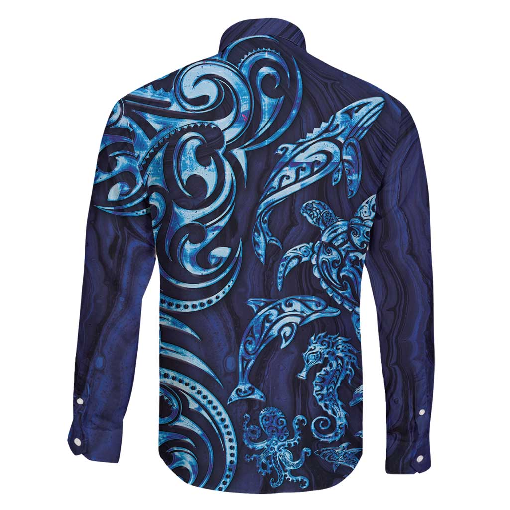 New Zealand Connecting with Seas Family Matching Off Shoulder Maxi Dress and Hawaiian Shirt Maori Tribal and Sea Animals Tattoo - Sea Texture Glass Style LT03 - Polynesian Pride