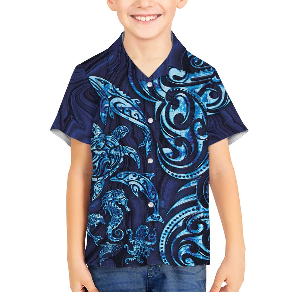 New Zealand Connecting with Seas Family Matching Off Shoulder Maxi Dress and Hawaiian Shirt Maori Tribal and Sea Animals Tattoo - Sea Texture Glass Style LT03 Son's Shirt Navy - Polynesian Pride