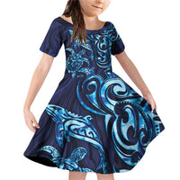 New Zealand Connecting with Seas Family Matching Off Shoulder Short Dress and Hawaiian Shirt Maori Tribal and Sea Animals Tattoo - Sea Texture Glass Style LT03 Daughter's Dress Navy - Polynesian Pride