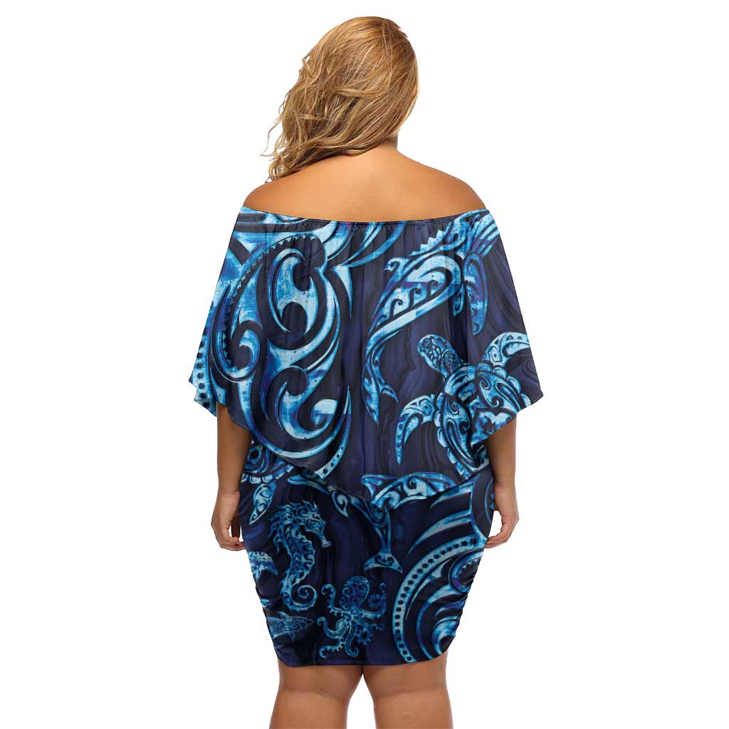 New Zealand Connecting with Seas Family Matching Off Shoulder Short Dress and Hawaiian Shirt Maori Tribal and Sea Animals Tattoo - Sea Texture Glass Style LT03 - Polynesian Pride