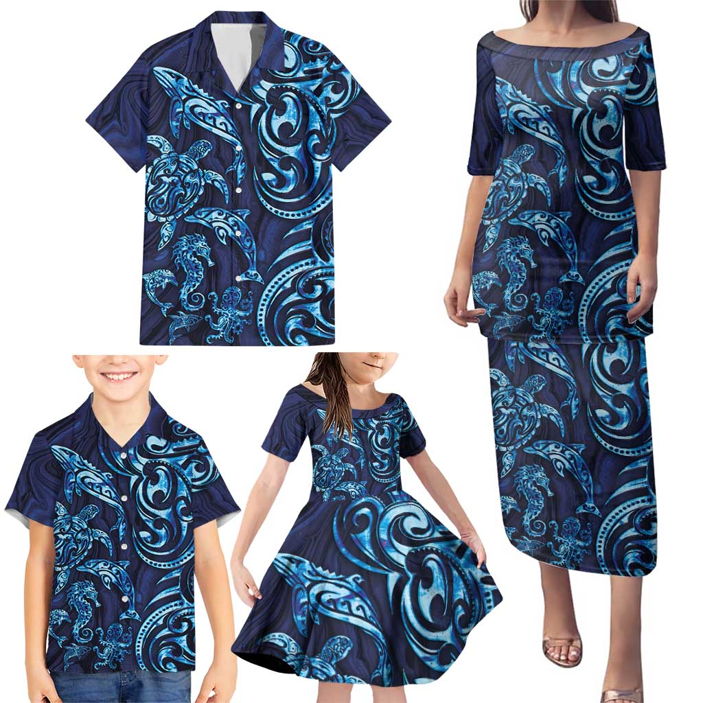 New Zealand Connecting with Seas Family Matching Puletasi and Hawaiian Shirt Maori Tribal and Sea Animals Tattoo - Sea Texture Glass Style LT03 - Polynesian Pride