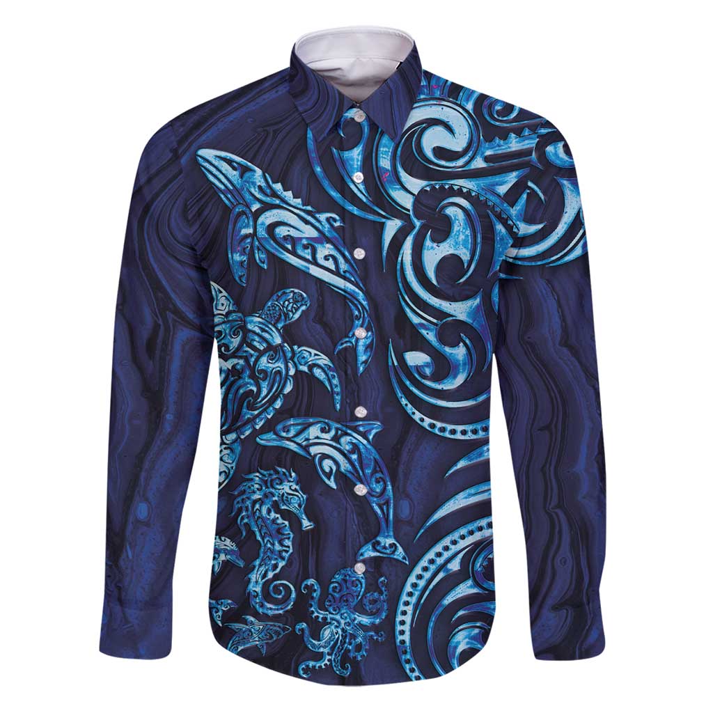 New Zealand Connecting with Seas Family Matching Puletasi and Hawaiian Shirt Maori Tribal and Sea Animals Tattoo - Sea Texture Glass Style LT03 Dad's Shirt - Long Sleeve Navy - Polynesian Pride