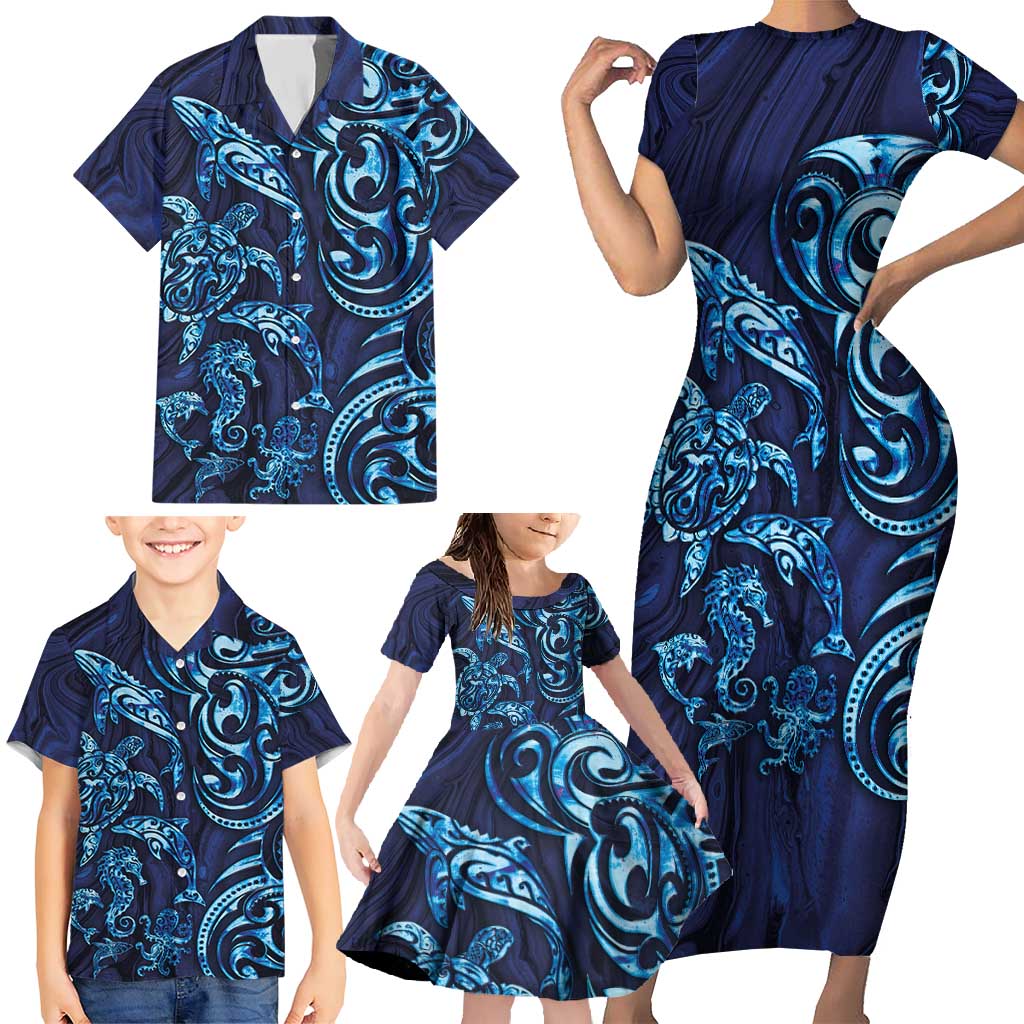 New Zealand Connecting with Seas Family Matching Short Sleeve Bodycon Dress and Hawaiian Shirt Maori Tribal and Sea Animals Tattoo - Sea Texture Glass Style LT03 - Polynesian Pride
