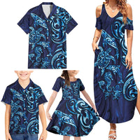New Zealand Connecting with Seas Family Matching Summer Maxi Dress and Hawaiian Shirt Maori Tribal and Sea Animals Tattoo - Sea Texture Glass Style LT03 - Polynesian Pride