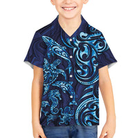 New Zealand Connecting with Seas Family Matching Summer Maxi Dress and Hawaiian Shirt Maori Tribal and Sea Animals Tattoo - Sea Texture Glass Style LT03 Son's Shirt Navy - Polynesian Pride