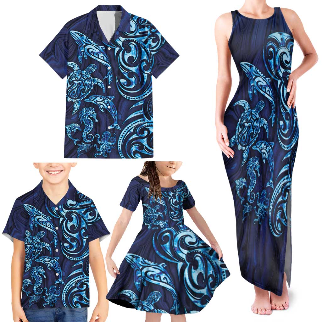 New Zealand Connecting with Seas Family Matching Tank Maxi Dress and Hawaiian Shirt Maori Tribal and Sea Animals Tattoo - Sea Texture Glass Style LT03 - Polynesian Pride