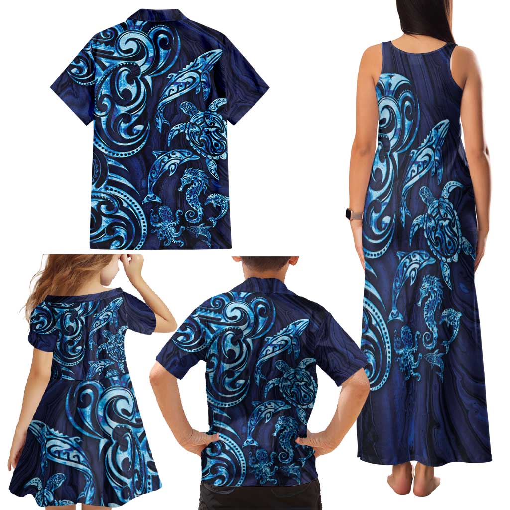 New Zealand Connecting with Seas Family Matching Tank Maxi Dress and Hawaiian Shirt Maori Tribal and Sea Animals Tattoo - Sea Texture Glass Style LT03 - Polynesian Pride