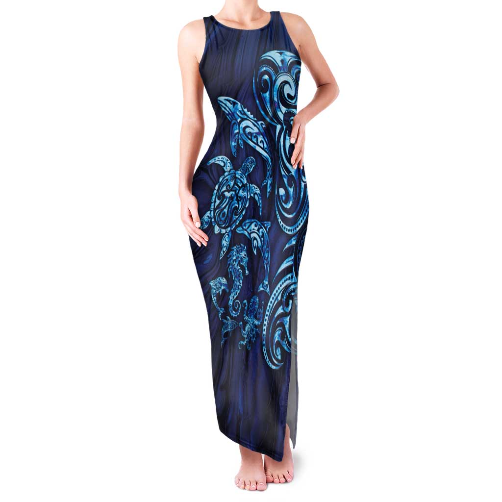 New Zealand Connecting with Seas Family Matching Tank Maxi Dress and Hawaiian Shirt Maori Tribal and Sea Animals Tattoo - Sea Texture Glass Style LT03 Mom's Dress Navy - Polynesian Pride