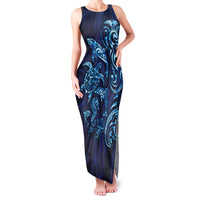 New Zealand Connecting with Seas Family Matching Tank Maxi Dress and Hawaiian Shirt Maori Tribal and Sea Animals Tattoo - Sea Texture Glass Style LT03 Mom's Dress Navy - Polynesian Pride