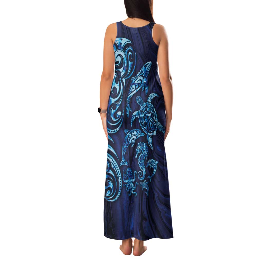 New Zealand Connecting with Seas Family Matching Tank Maxi Dress and Hawaiian Shirt Maori Tribal and Sea Animals Tattoo - Sea Texture Glass Style LT03 - Polynesian Pride