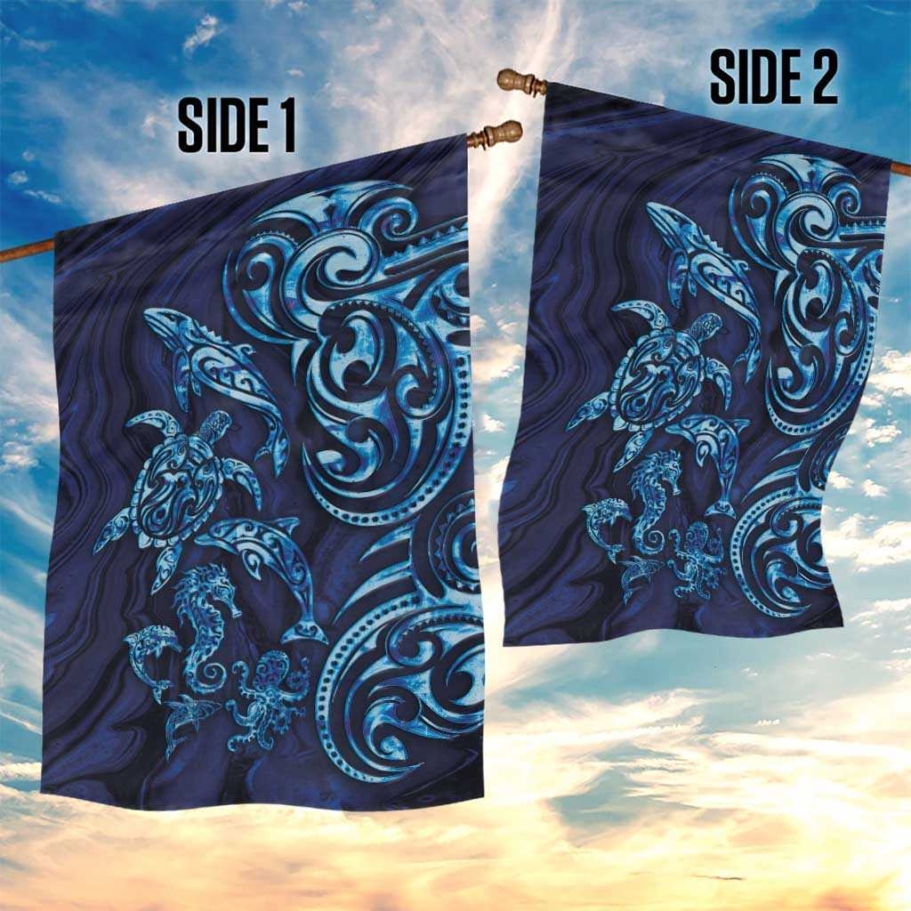 New Zealand Connecting with Seas Garden Flag Maori Tribal and Sea Animals Tattoo - Sea Texture Glass Style LT03 - Polynesian Pride