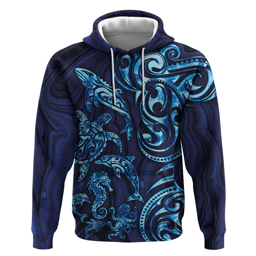 New Zealand Connecting with Seas Hoodie Maori Tribal and Sea Animals Tattoo - Sea Texture Glass Style LT03 Pullover Hoodie Navy - Polynesian Pride