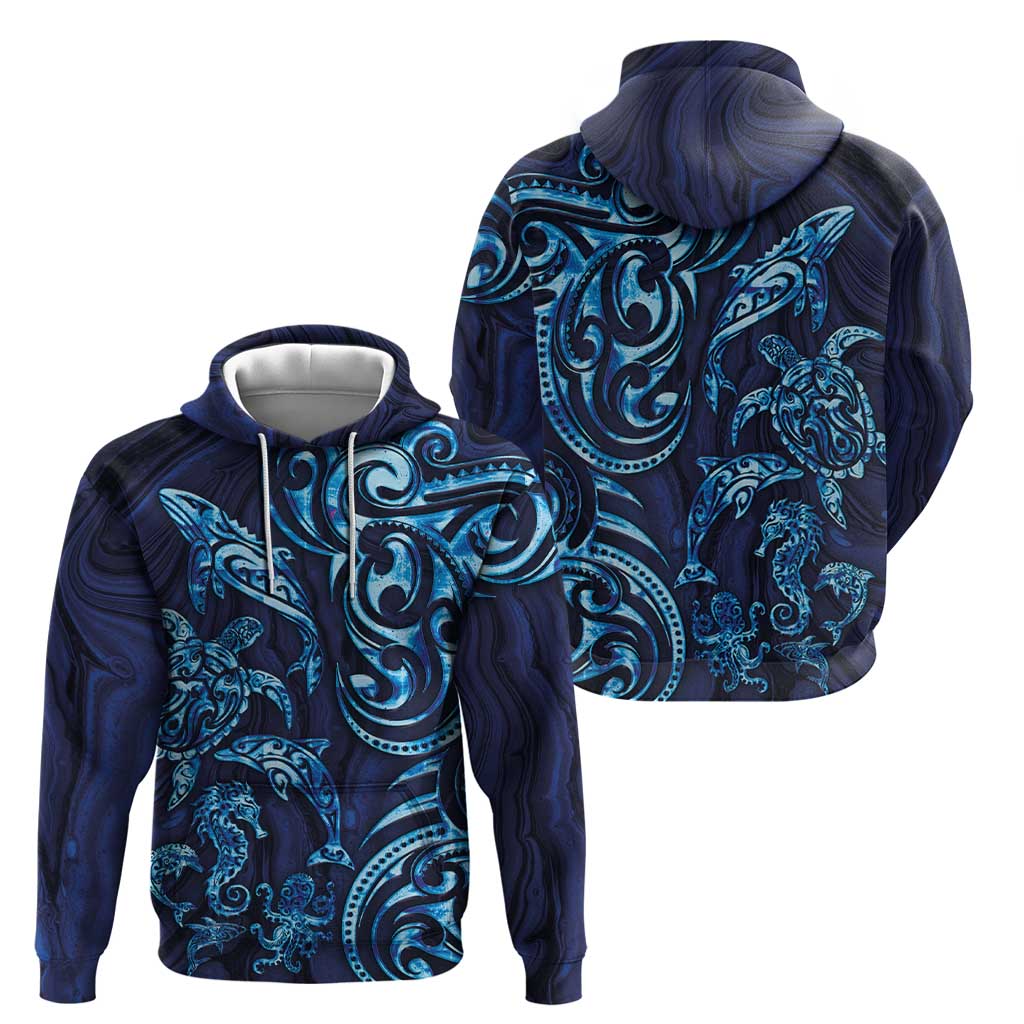 New Zealand Connecting with Seas Hoodie Maori Tribal and Sea Animals Tattoo - Sea Texture Glass Style LT03 - Polynesian Pride
