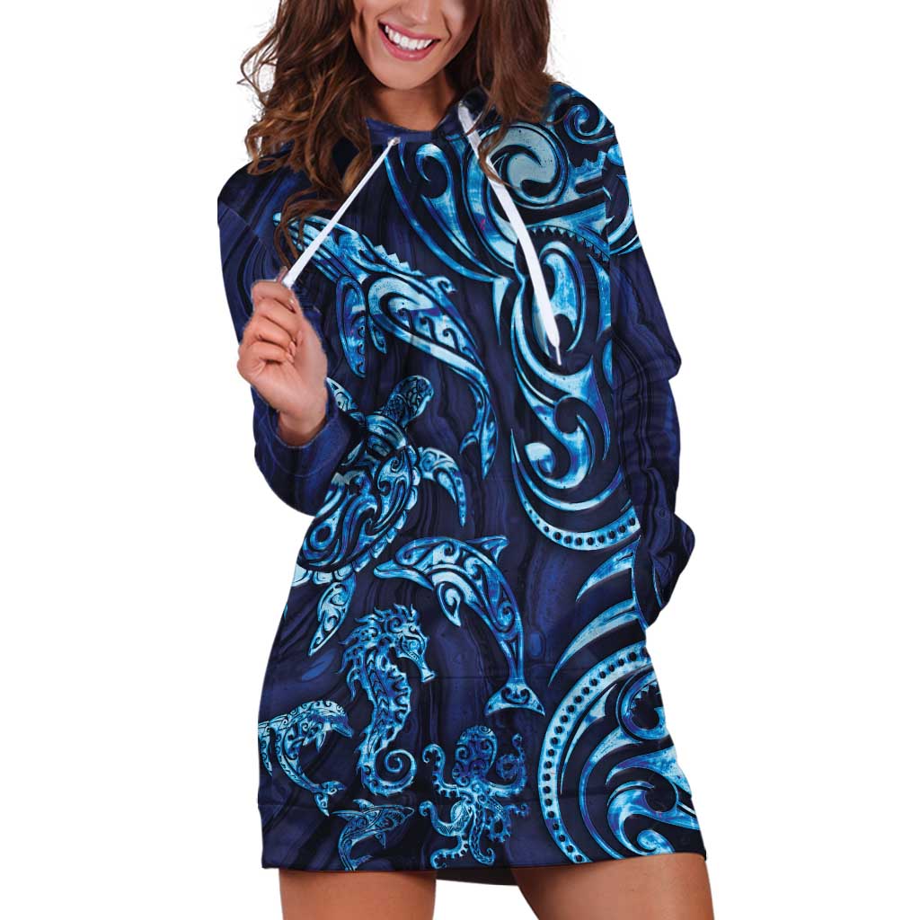 New Zealand Connecting with Seas Hoodie Dress Maori Tribal and Sea Animals Tattoo - Sea Texture Glass Style