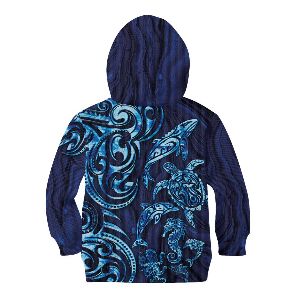 New Zealand Connecting with Seas Kid Hoodie Maori Tribal and Sea Animals Tattoo - Sea Texture Glass Style LT03 - Polynesian Pride