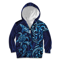 New Zealand Connecting with Seas Kid Hoodie Maori Tribal and Sea Animals Tattoo - Sea Texture Glass Style LT03 Zip Hoodie Navy - Polynesian Pride