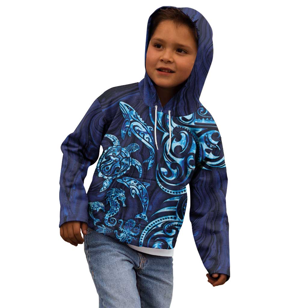 New Zealand Connecting with Seas Kid Hoodie Maori Tribal and Sea Animals Tattoo - Sea Texture Glass Style LT03 - Polynesian Pride