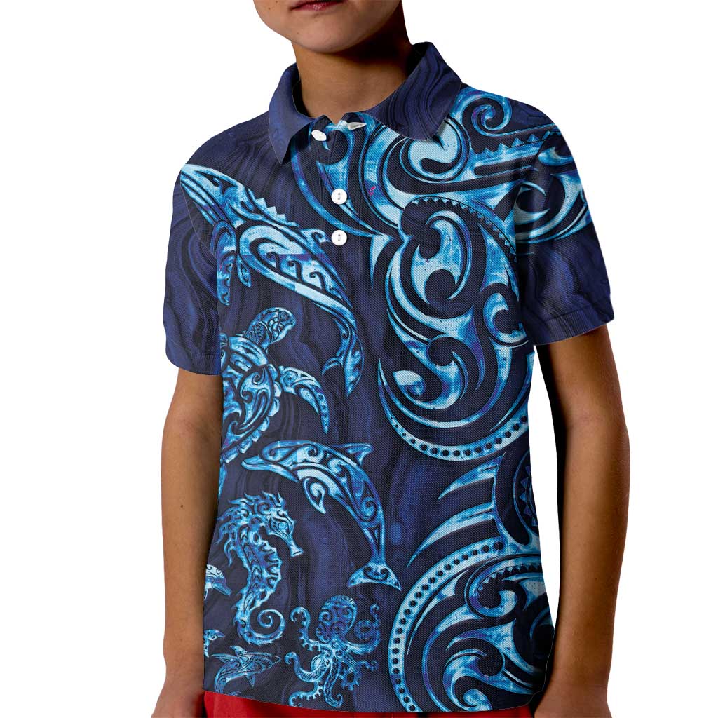 New Zealand Connecting with Seas Kid Polo Shirt Maori Tribal and Sea Animals Tattoo - Sea Texture Glass Style LT03 Kid Navy - Polynesian Pride