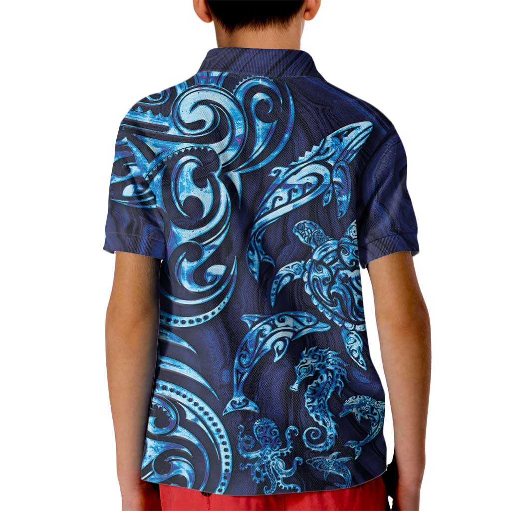 New Zealand Connecting with Seas Kid Polo Shirt Maori Tribal and Sea Animals Tattoo - Sea Texture Glass Style LT03 - Polynesian Pride