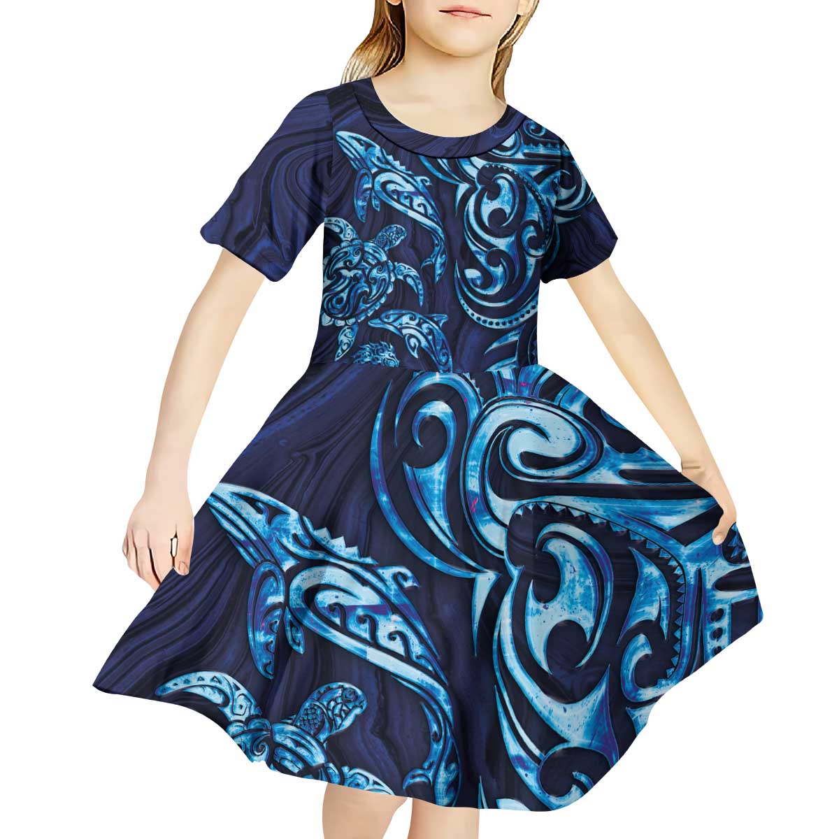 New Zealand Connecting with Seas Kid Short Sleeve Dress Maori Tribal and Sea Animals Tattoo - Sea Texture Glass Style LT03 - Polynesian Pride