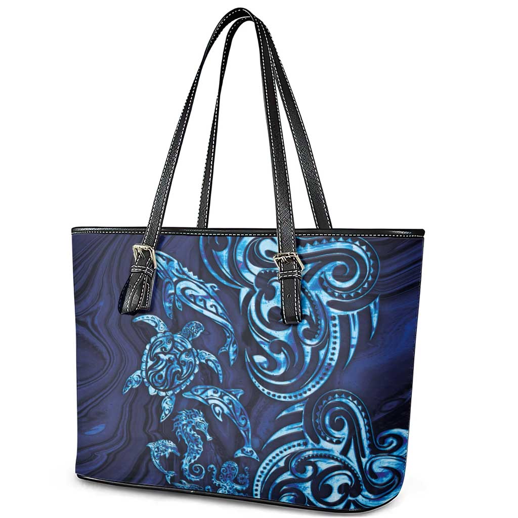 New Zealand Connecting with Seas Leather Tote Bag Maori Tribal and Sea Animals Tattoo - Sea Texture Glass Style LT03 - Polynesian Pride
