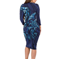 New Zealand Connecting with Seas Long Sleeve Bodycon Dress Maori Tribal and Sea Animals Tattoo - Sea Texture Glass Style LT03 - Polynesian Pride
