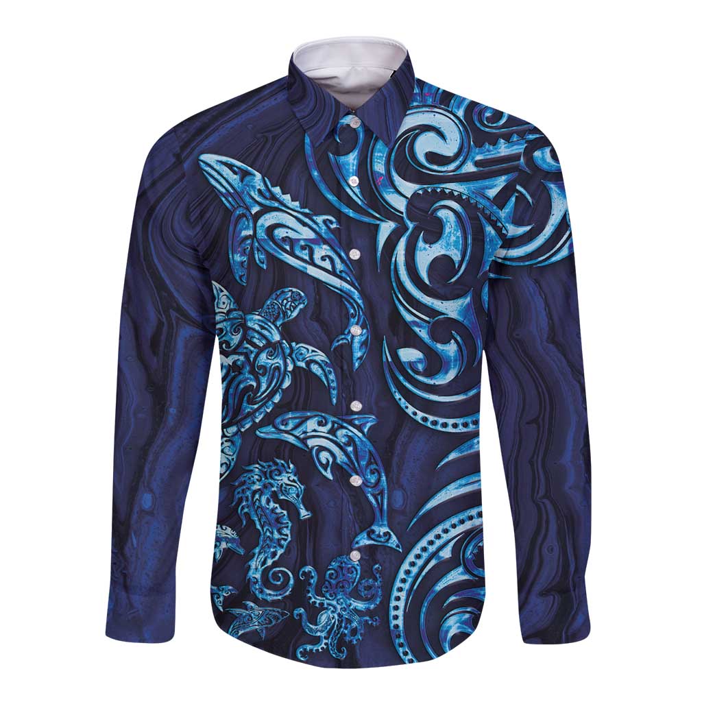 New Zealand Connecting with Seas Long Sleeve Button Shirt Maori Tribal and Sea Animals Tattoo - Sea Texture Glass Style