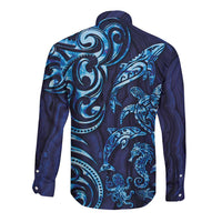 New Zealand Connecting with Seas Long Sleeve Button Shirt Maori Tribal and Sea Animals Tattoo - Sea Texture Glass Style LT03 - Polynesian Pride