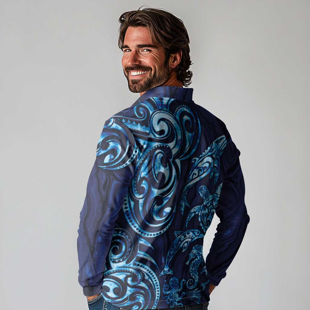 New Zealand Connecting with Seas Long Sleeve Polo Shirt Maori Tribal and Sea Animals Tattoo - Sea Texture Glass Style