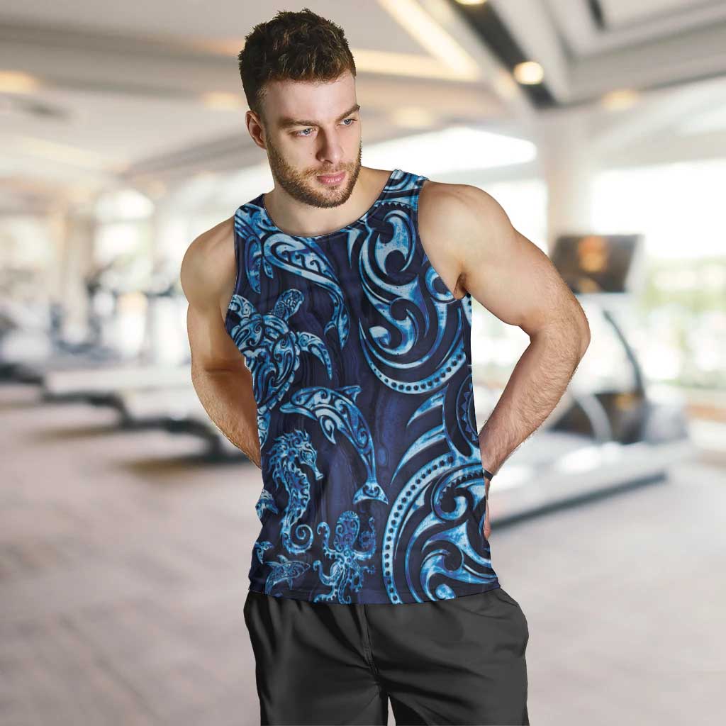 New Zealand Connecting with Seas Men Tank Top Maori Tribal and Sea Animals Tattoo - Sea Texture Glass Style