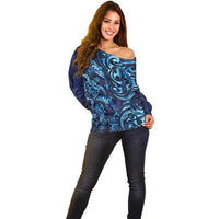 New Zealand Connecting with Seas Off Shoulder Sweater Maori Tribal and Sea Animals Tattoo - Sea Texture Glass Style LT03 - Polynesian Pride