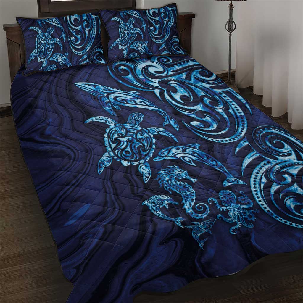 New Zealand Connecting with Seas Quilt Bed Set Maori Tribal and Sea Animals Tattoo - Sea Texture Glass Style LT03 Navy - Polynesian Pride