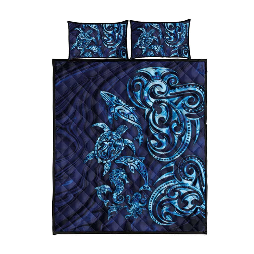 New Zealand Connecting with Seas Quilt Bed Set Maori Tribal and Sea Animals Tattoo - Sea Texture Glass Style LT03 - Polynesian Pride