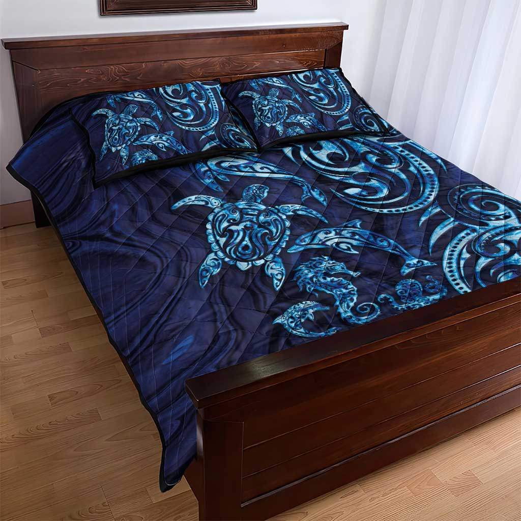 New Zealand Connecting with Seas Quilt Bed Set Maori Tribal and Sea Animals Tattoo - Sea Texture Glass Style LT03 - Polynesian Pride