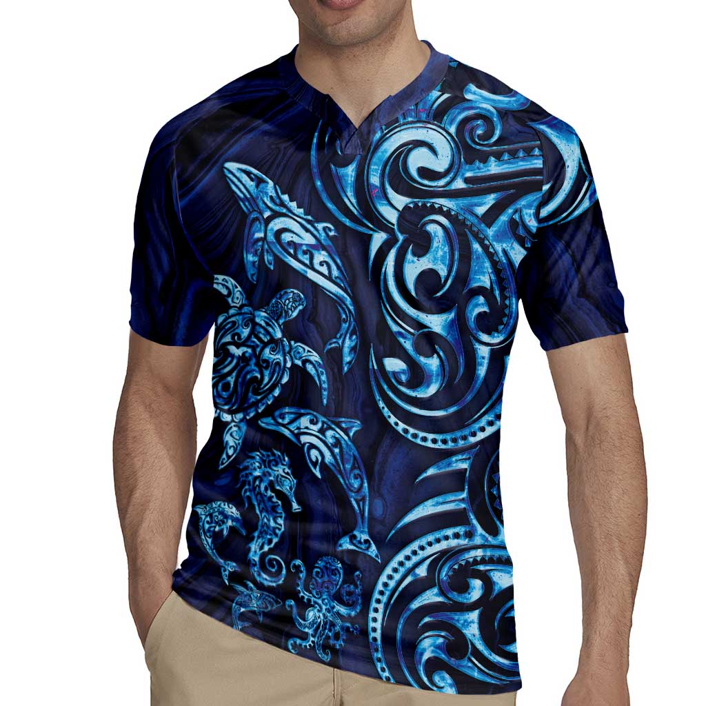New Zealand Connecting with Seas Rugby Jersey Maori Tribal and Sea Animals Tattoo - Sea Texture Glass Style LT03 - Polynesian Pride