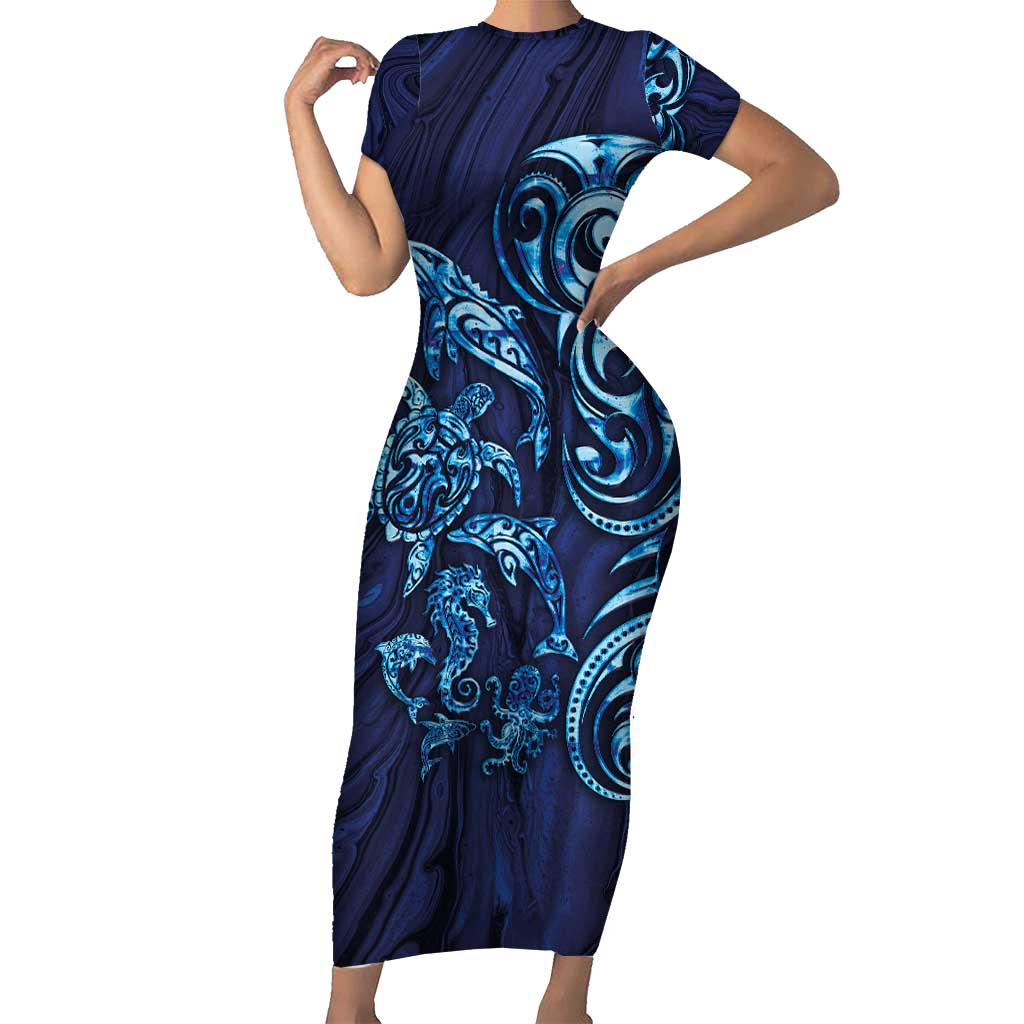 New Zealand Connecting with Seas Short Sleeve Bodycon Dress Maori Tribal and Sea Animals Tattoo - Sea Texture Glass Style LT03 Long Dress Navy - Polynesian Pride