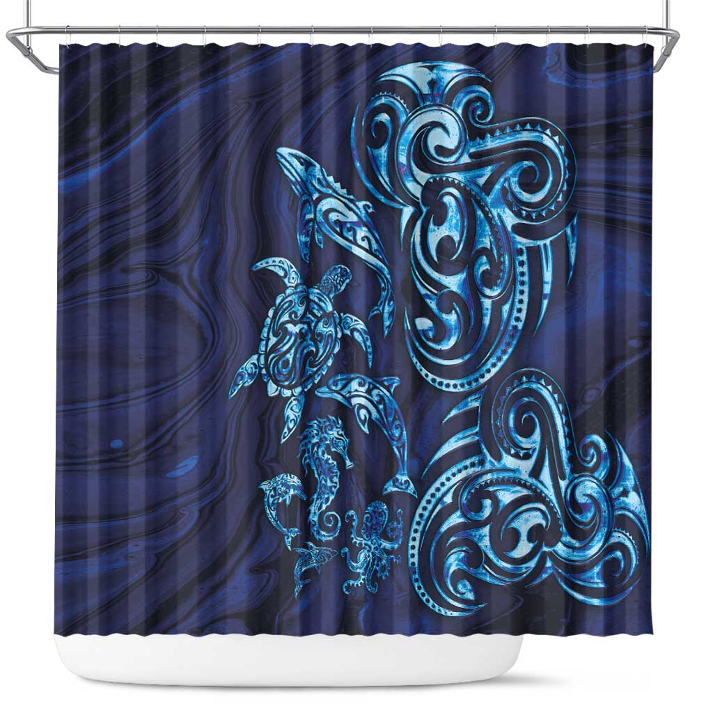 New Zealand Connecting with Seas Shower Curtain Maori Tribal and Sea Animals Tattoo - Sea Texture Glass Style LT03 Navy - Polynesian Pride