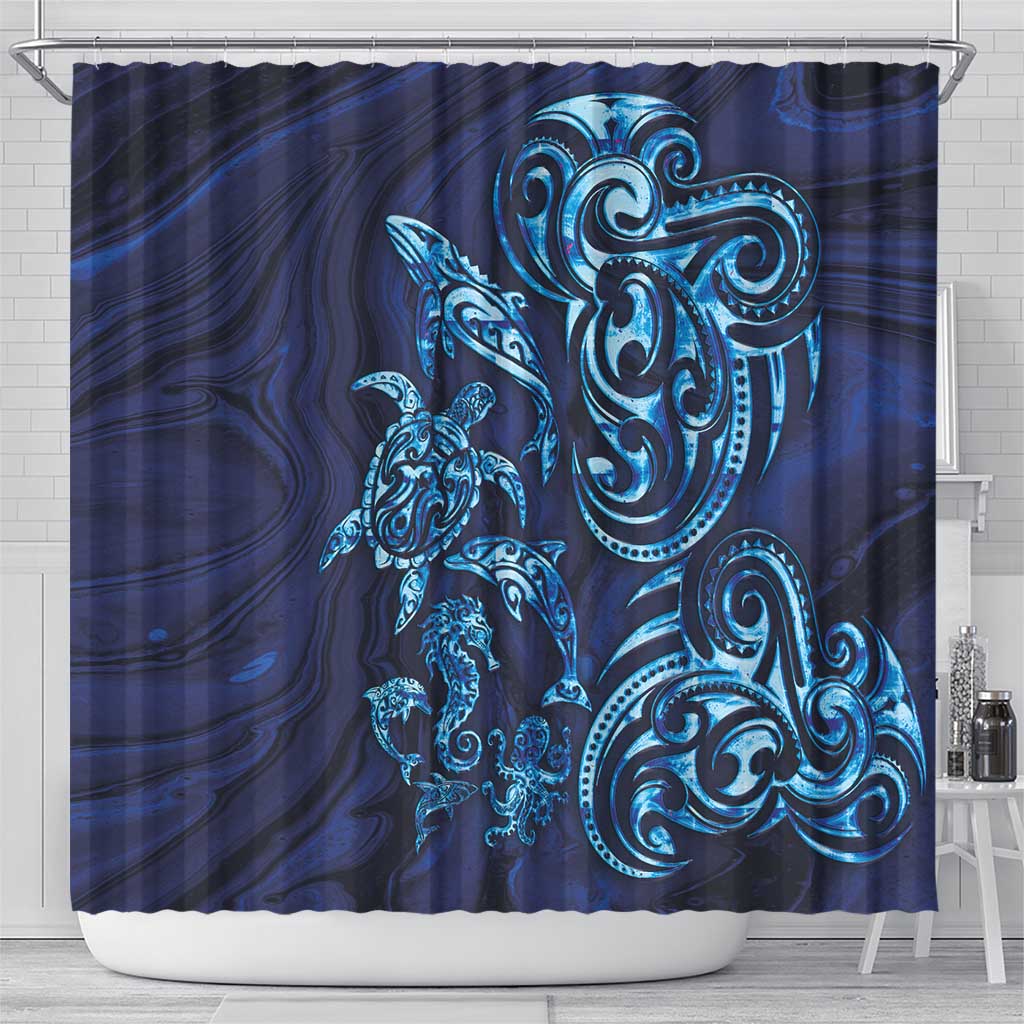 New Zealand Connecting with Seas Shower Curtain Maori Tribal and Sea Animals Tattoo - Sea Texture Glass Style LT03 - Polynesian Pride
