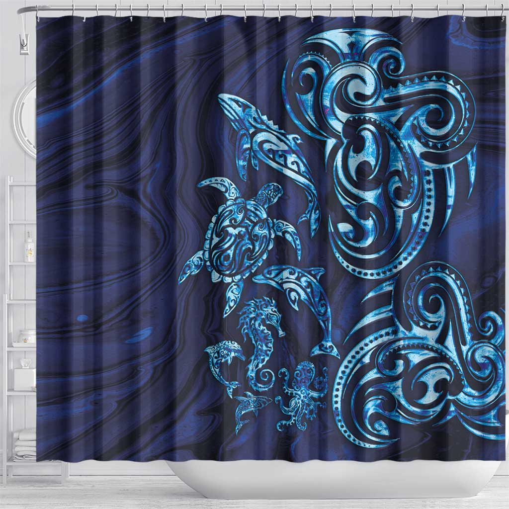 New Zealand Connecting with Seas Shower Curtain Maori Tribal and Sea Animals Tattoo - Sea Texture Glass Style LT03 - Polynesian Pride