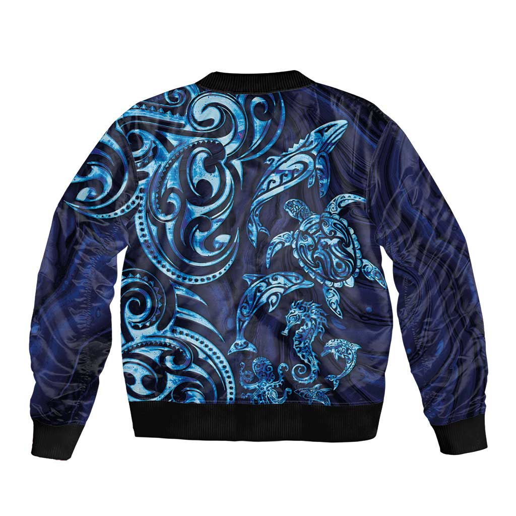 New Zealand Connecting with Seas Sleeve Zip Bomber Jacket Maori Tribal and Sea Animals Tattoo - Sea Texture Glass Style LT03 - Polynesian Pride