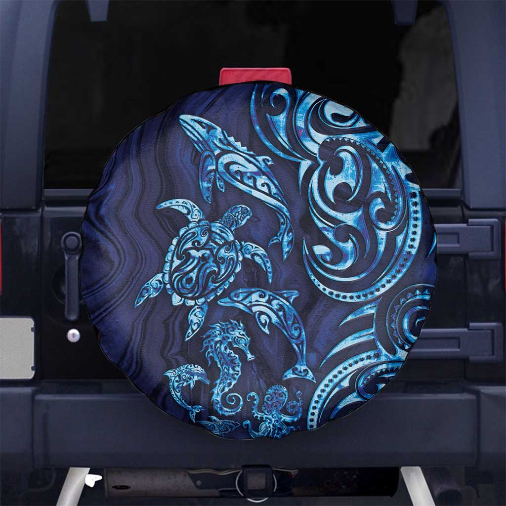 New Zealand Connecting with Seas Spare Tire Cover Maori Tribal and Sea Animals Tattoo - Sea Texture Glass Style LT03 No hole Navy - Polynesian Pride