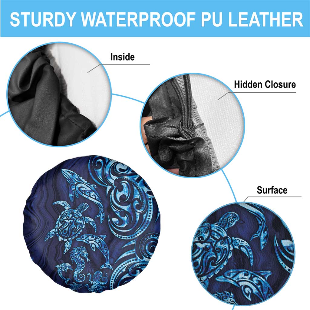 New Zealand Connecting with Seas Spare Tire Cover Maori Tribal and Sea Animals Tattoo - Sea Texture Glass Style LT03 - Polynesian Pride