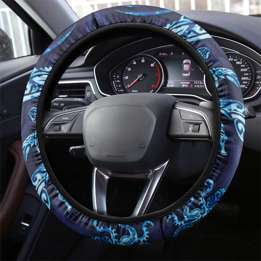 New Zealand Connecting with Seas Steering Wheel Cover Maori Tribal and Sea Animals Tattoo - Sea Texture Glass Style LT03 - Polynesian Pride