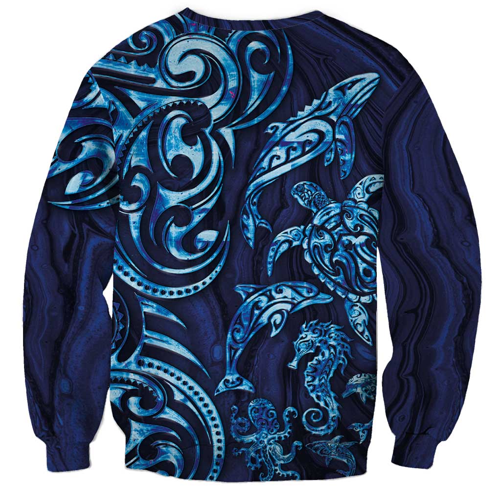 New Zealand Connecting with Seas Sweatshirt Maori Tribal and Sea Animals Tattoo - Sea Texture Glass Style LT03 - Polynesian Pride