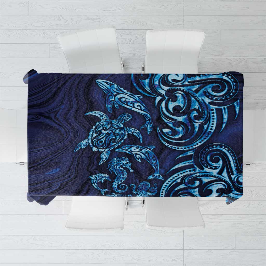 New Zealand Connecting with Seas Tablecloth Maori Tribal and Sea Animals Tattoo - Sea Texture Glass Style LT03 Navy - Polynesian Pride