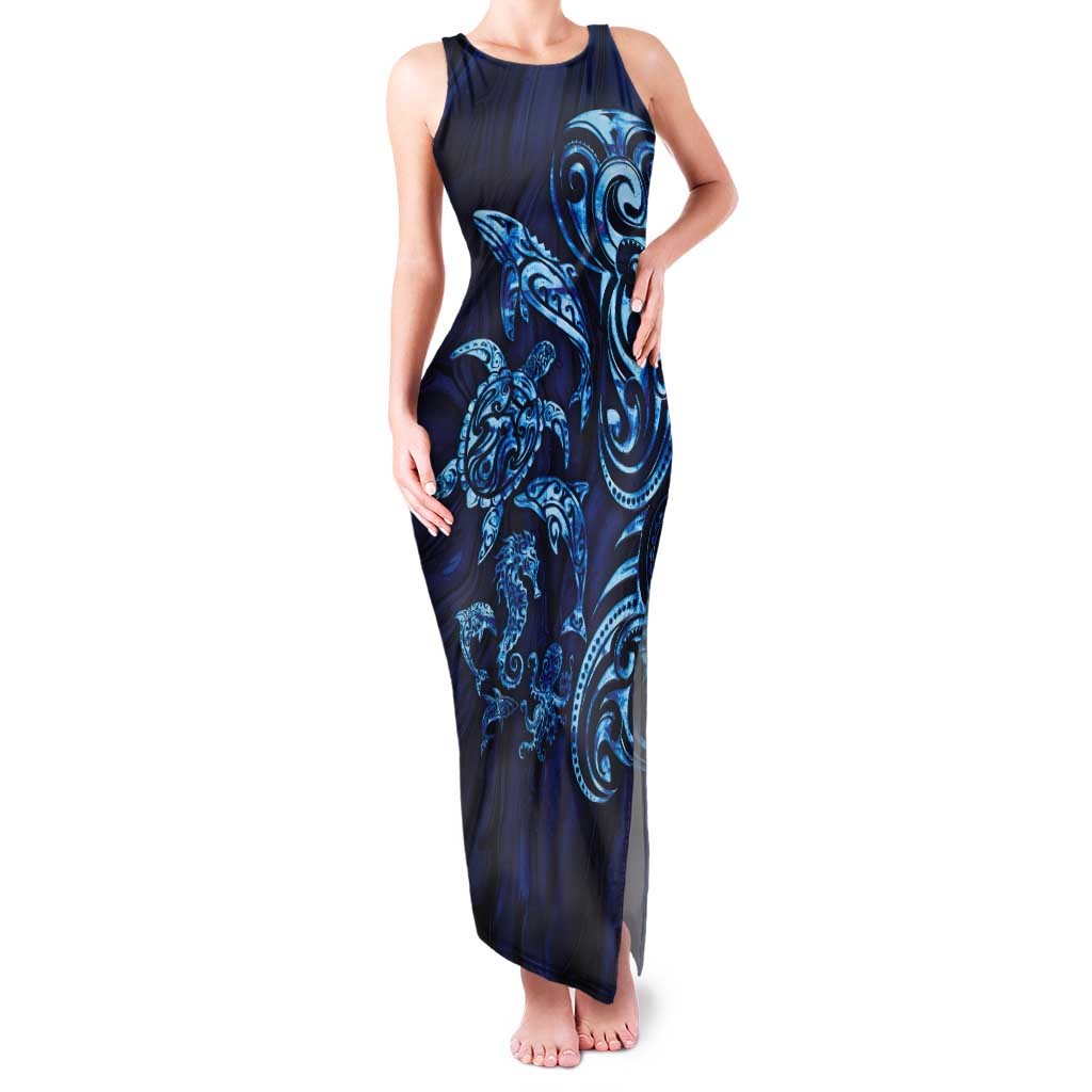 New Zealand Connecting with Seas Tank Maxi Dress Maori Tribal and Sea Animals Tattoo - Sea Texture Glass Style LT03 Women Navy - Polynesian Pride