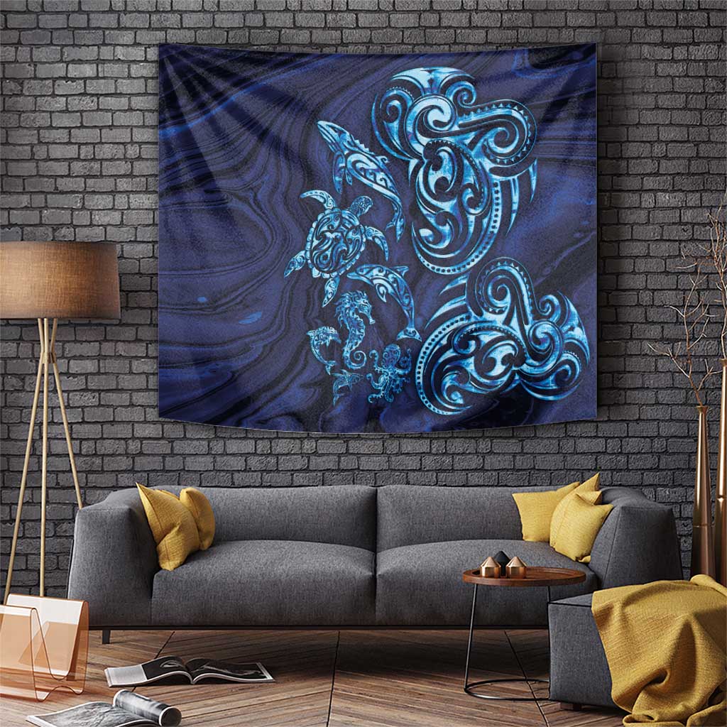 New Zealand Connecting with Seas Tapestry Maori Tribal and Sea Animals Tattoo - Sea Texture Glass Style LT03 Navy - Polynesian Pride