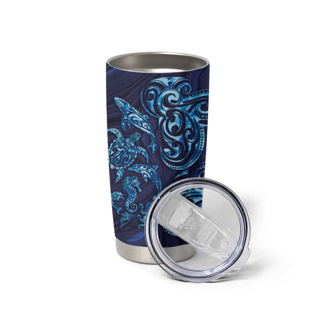 New Zealand Connecting with Seas Tumbler Cup Maori Tribal and Sea Animals Tattoo - Sea Texture Glass Style LT03 - Polynesian Pride