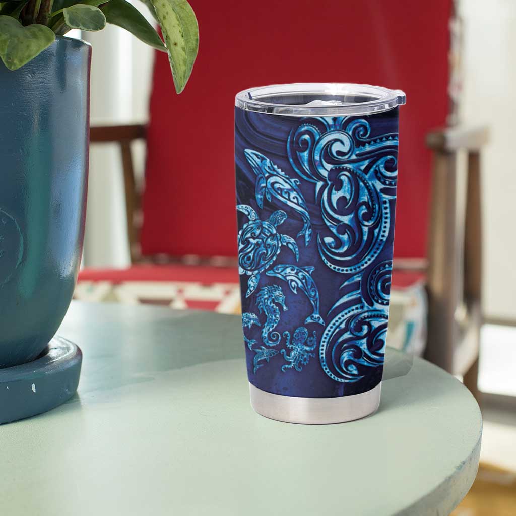 New Zealand Connecting with Seas Tumbler Cup Maori Tribal and Sea Animals Tattoo - Sea Texture Glass Style LT03 - Polynesian Pride